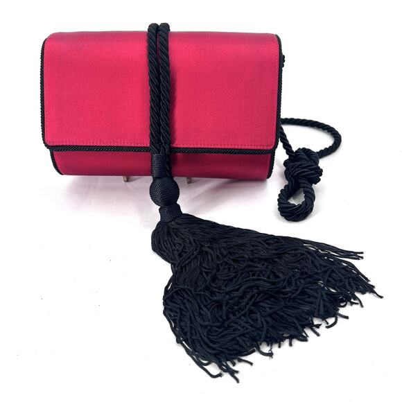 Salvatore Ferragamo Handbags - Rare Salvatore Ferragamo Red Satin Black Tassel Evening Clutch Crossbody Handbag